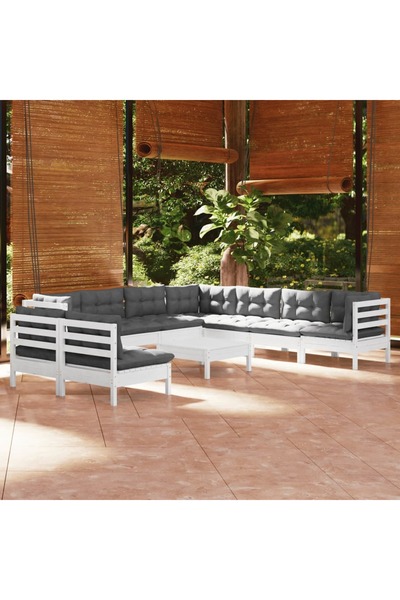 vidaxl Set mobilier gradina cu perne, 10 piese, alb, lemn masiv pin
