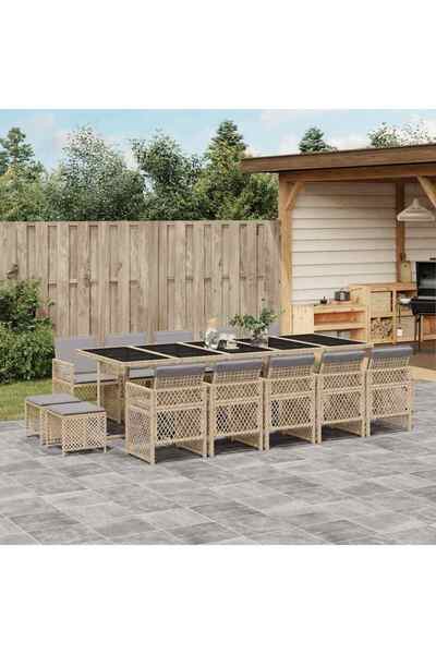 vidaxl Garden furniture set with cushions, 15 pieces, beige, polyrattan