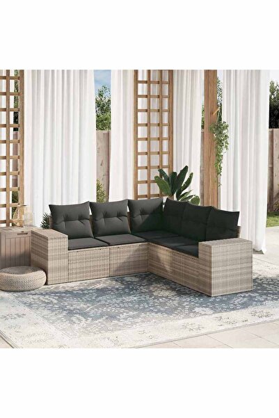 vidaxl Garden sofa set with cushions, 5 pieces, light grey, polyrattan