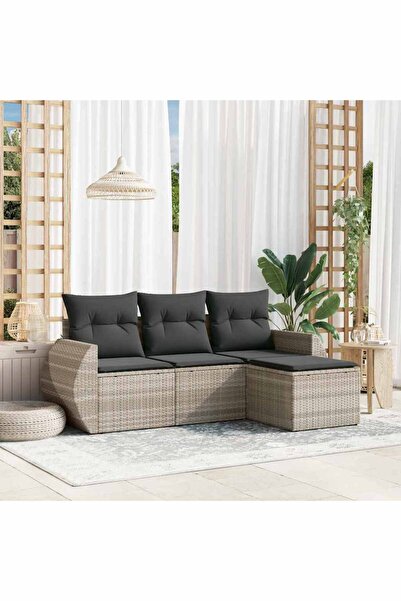 vidaxl Garden sofa set with cushions, 4 pieces, light grey polyrattan