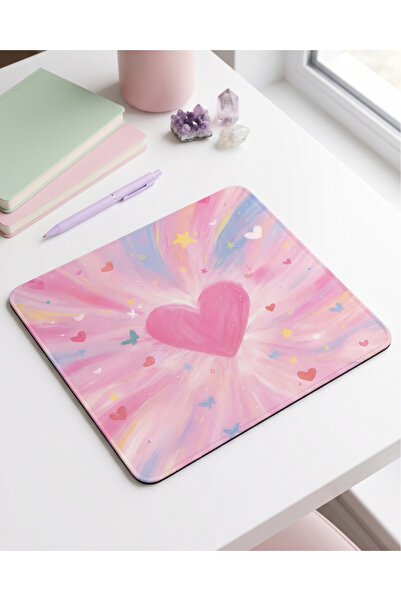 matizya Pastel Kalp Desenli Kare Mouse Pad Pembe Aesthetic Love Temalı Kaymaz...