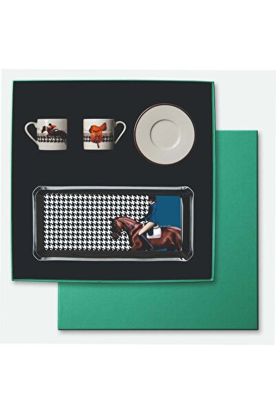 VİTELLİ Equestrian 5 Parça 2 Kişilik Türk Kahve Fincanı Kırmızı Ceket & Mavi ...