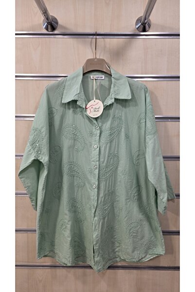 Park Moda Italian Cotton Shirt with Sequin Detail and Shawl Embossed Pattern