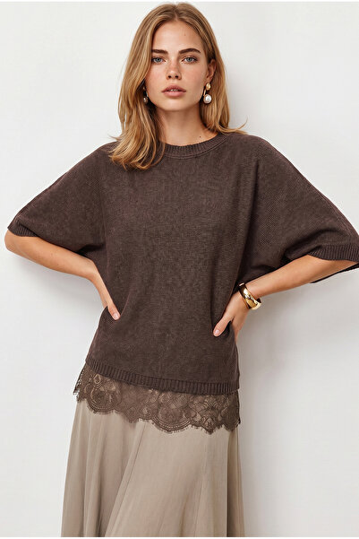 Olalook Women's Brown Crew Neck Lace Detailed Loose Fit Knitwear Blouse Blz-1...