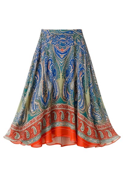 Retrobird Valerie Chiffon Flared Lined Long Skirt Women's Orange Blue