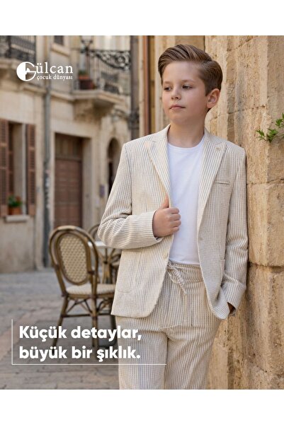 Mogi ,Erkek Çocuk 3-14 Yaş Bej Kahve Çİzgili Jogger Pantolonlu 3'lü Takım Elbise
