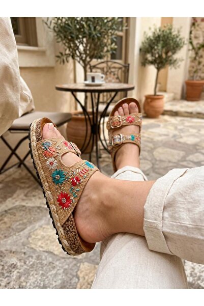 Guja 26Y217-7 Women's Straw Woven Beaded Double Buckle Slippers