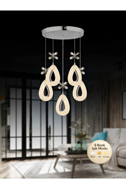 Lüxev Lighting Yağmur Model 5'li Gümüş 3 Renk Modu Ledli Kristal Taşlı Modern...
