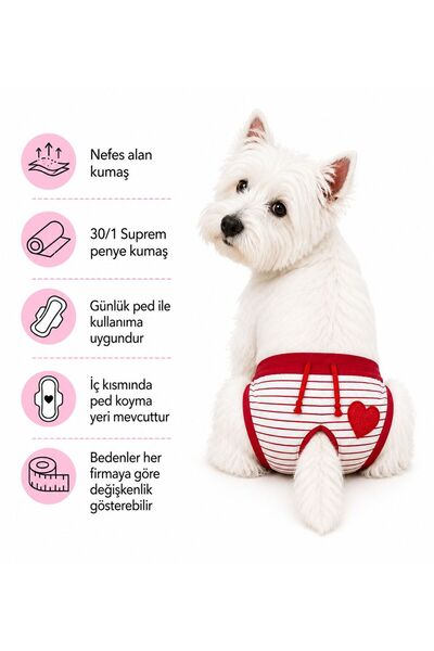 DOGİ&DOG Küçük Irk Kırmızı Çizgili Kalp Detaylı Köpek Regl Çamaşırı (1-10KG)