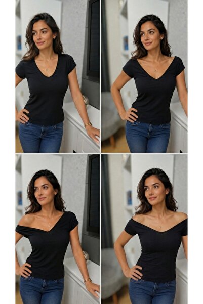 moda felinya KADIN KISA KOLLU ZARF YAKA (derin V) SİYAH RENK TİRİL TİRİL VİSK...