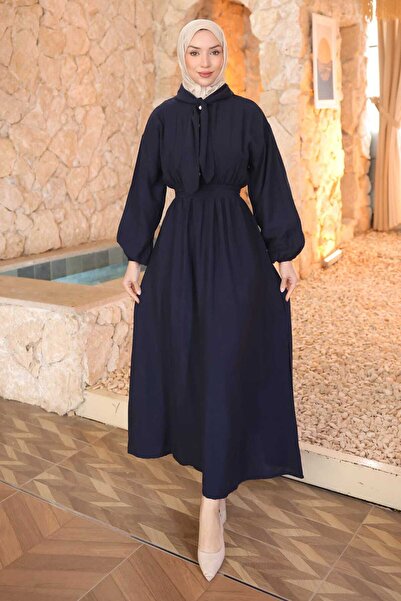 İmajButik Rochie bleumarin cu detaliu la guler și talie elastică