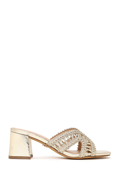 Derimod Women's Gold Thick Heeled Knitted Metallic Slippers 26Sfd442232