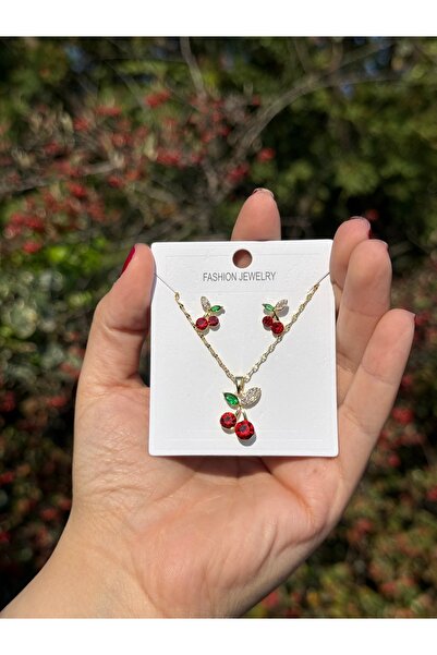 Roha Kırmızı Kristal Taşlı Kiraz Kolye/Küpe Seti