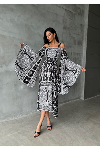 LOKADI Rochie din poplin cu model alb-negru, guler Madon, mâneci spaniole, lu...