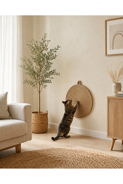 Naspar Round 100% Organic Straw Jute Rope Stitched Cat Scratching Mat Natural...