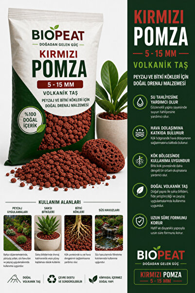 BioPeat 7 Litre Kırmızı Pomza 5-15 mm Volkanik Taş – Saksı, Peyzaj ve Bitki K...