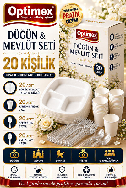 OPTİMEX Düğün ve Mevlüt Seti 20 Kişilik – 3 göz Köpük Tabak,Lux çatal,Lux Kaş...