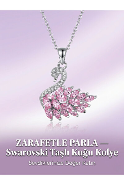 SEVMİNE 316L Paslanmaz Çelik Pembe Taşlı Kuğu Kolye | Zirkon Taşlı Gümüş Kapl...