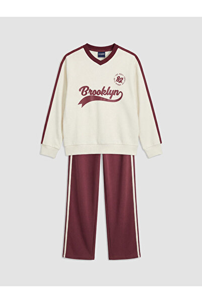 LC Waikiki Ecru brooklyn printed girl's sweatshirt and sweatpants
