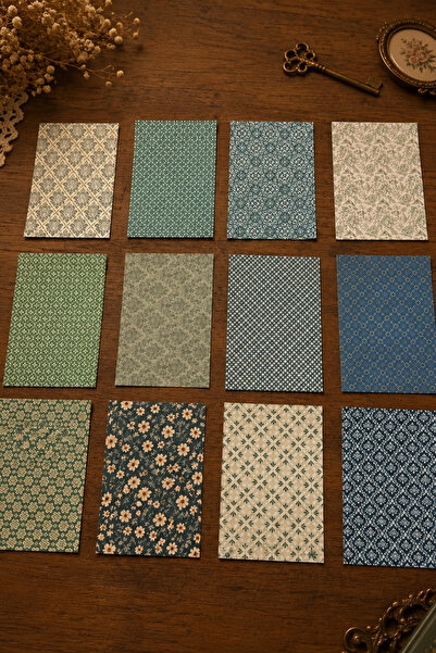 stickybloom Vintage Yeşil Tonlu Desenler Temalı 12 Parça A6 Kağıt Seti Scrapb...