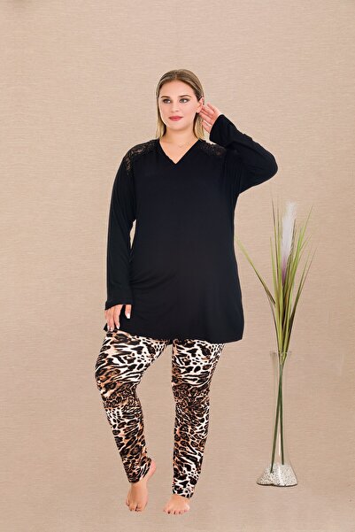 Viselya Patterned Long Sleeve Plus Size Pajama Set