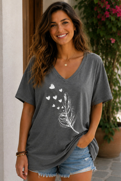 ArtYus Heart and Feather Printed V-Neck Casual Unisex Oversize T-Shirt – Cott...