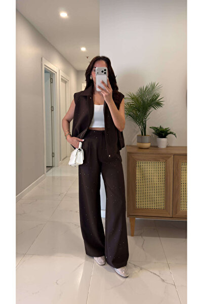 BİRCANÇİL Set de pantaloni și vestă cu paiete maro Noksa