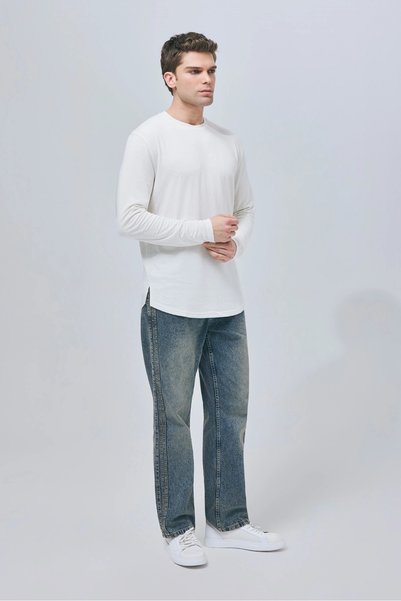 MARDA Ense Logo Basic Long Sleeve T-Shirt with Side Slits