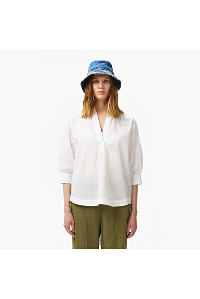Lacoste Kadın Relaxed Fit Yarım Kol Hakim Yaka Beyaz Gömlek