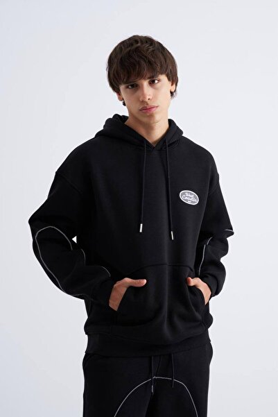 Machinist Men's Reflective Detailed Hooded Sweatshirt Black