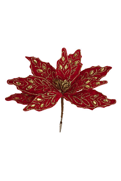 Zumzeria Floare decorativă din catifea roșie cu sclipici, cristale și cleme 32cm