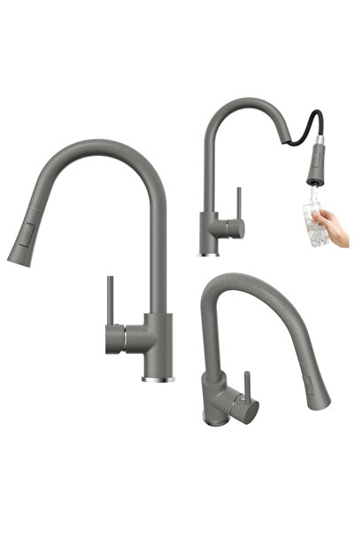 Granitan Baterie Bucatarie Libra, Dus Extractibil, 39cm, Gri cu Pete