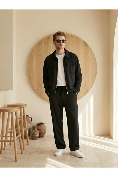 Mİ TİA ATELİER Diagonel Fabric Lined Pocketed Jacket & Baggy Trousers Set 161...