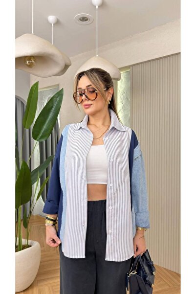 MATTİMODA Yeni Sezon Kot Detaylı Çizgili Gömlek