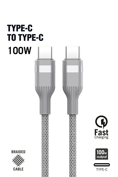 İntouch Type-C Type-C 100 w Örgü Data Ve Şarj Kablosu 2M Gri