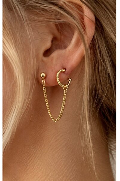 Vitastyle ALTIN RENK ZİNCİR DETAYLI BURGU HALKA MODEL EAR CUFF KIKIRDAK KÜPE