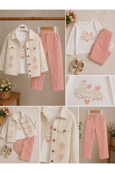 Minik mooda Girl's Floral Embroidered Denim Jacket and Powder Pants Set