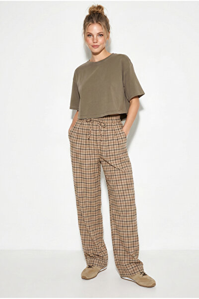 Bianco Lucci Women's Plaid Patterned Elastic Waist Tie-Up Wide Leg Trousers 2...