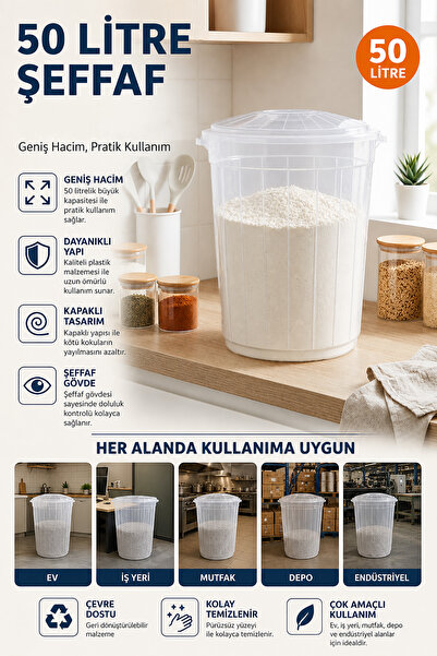 Akyüz Plastik 🧺2 Adet 50 Litre Şeffaf Gıda Temasına Uygun Saklama Kovası Kap...