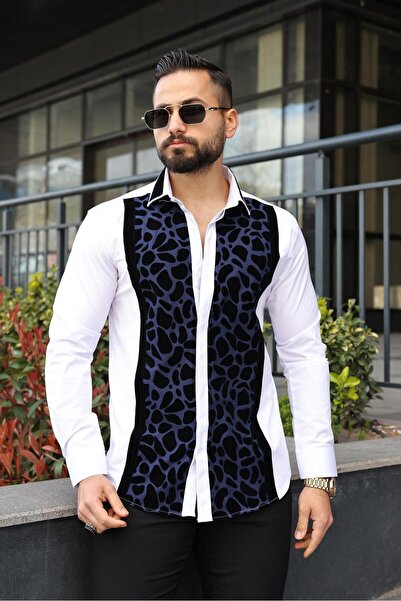 BAYIM Erkek Slim-Fit İtalyan Yaka Kadife Panel Detaylı Premium Lüks Gömlek