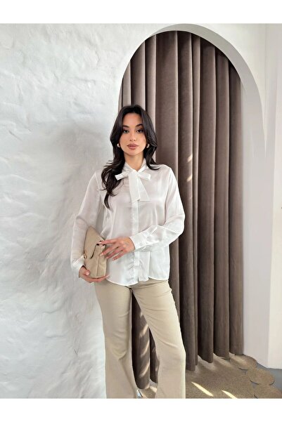 Hira Clothing Kadın Elegant Satin Fular Yaka Şık Gömlek