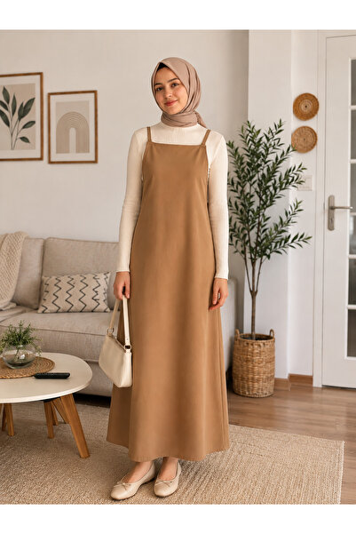 ELMODA Women's Milk Brown Gilet Dress with Adjustable Drawstring Straps