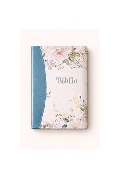 Light Store Biblie mare, piele ecologică, model floral albastru, fermoar, ind...