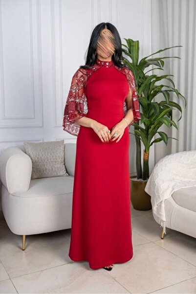 SELSAL Embroidered Cape Sleeve Dress - Red - S-1