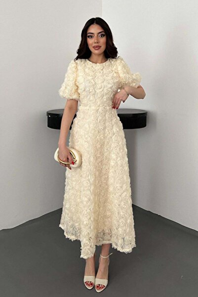 Caddebostan Moda Rose Patterned Balloon Sleeve Midi Dress Stylish Evening Dre...