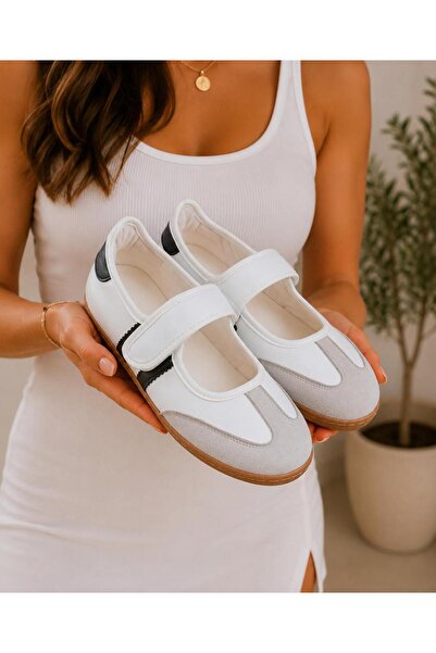 PLN SHOES Women's White Velcro Roven Mary Jane Casual Sports Ballerina Shoes
