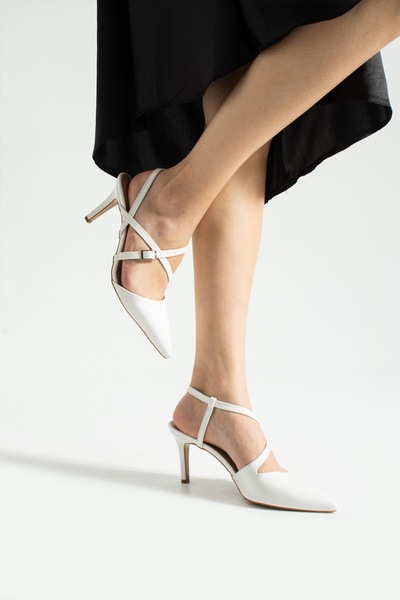 TrendWalk Women's White Leather Cross-Strapped Heeled Shoes 7 cm Heel