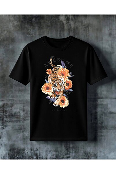 COMVİCHO Awesome Attitude Kaplan Cicek Printed Oversize T-Shirt