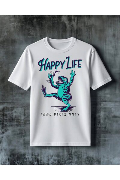 COMVİCHO تي شيرت مطبوع عليه Happy Life Good Vibes مقاس كبير