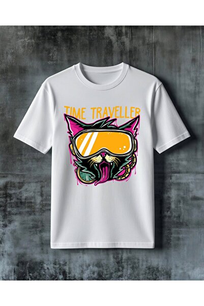 COMVİCHO Time Traveler Cat Goggle Printed Oversize T-Shirt
